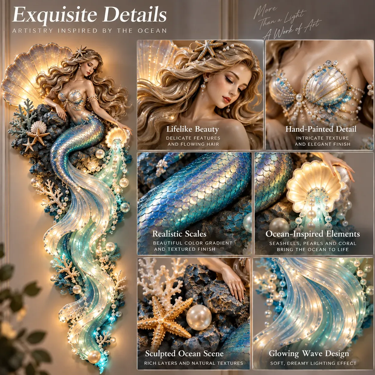 Mermaid lighted wall decor detail