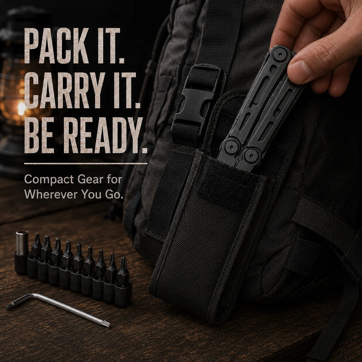 Folded multitool stored in the included carrying pouch
