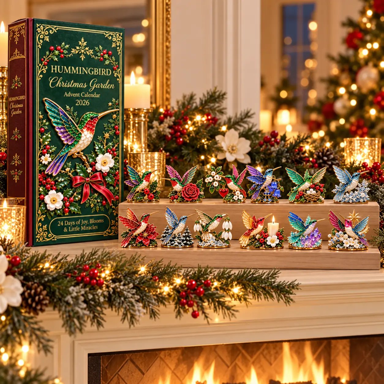 Hummingbird Christmas miniatures displayed on a festive mantel