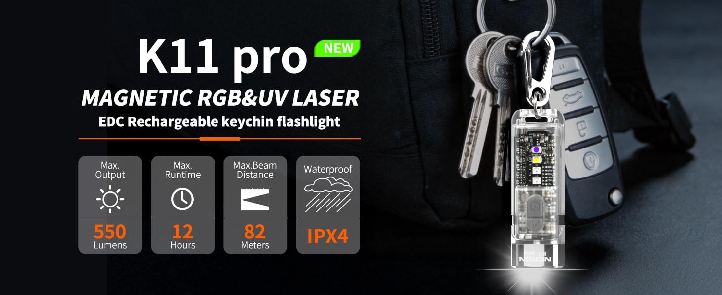 Summervibe Nicron K11 Pro Magnetic Keychain Flashlight, 550 Lumens RGB & UV Laser Light, 12H Runtime, 82M Beam, IPX4 Waterproof Rechargeable EDC Light for Outdoor Camping Emergency Use