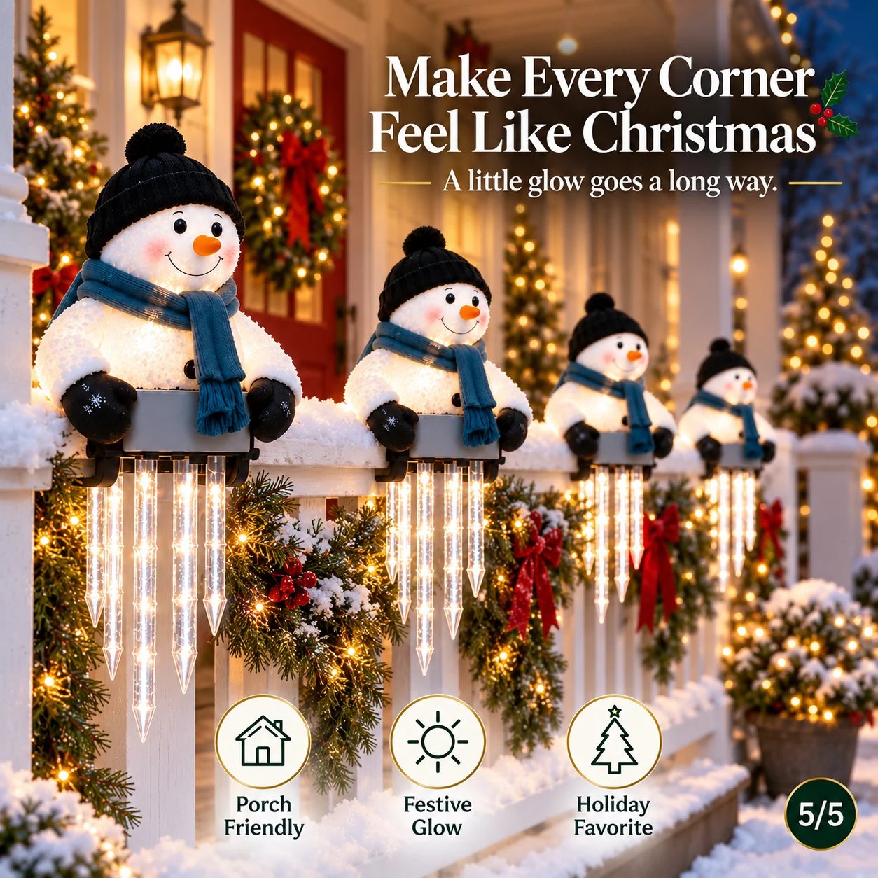 Multiple WinterGlow snowman lights along porch railing