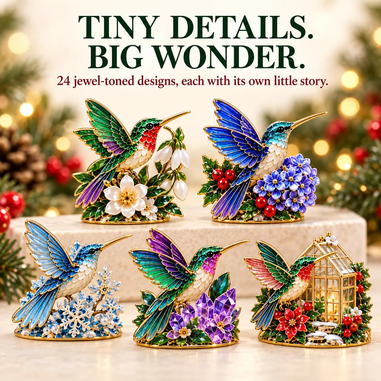 Close-up of jewel-toned hummingbird miniature details