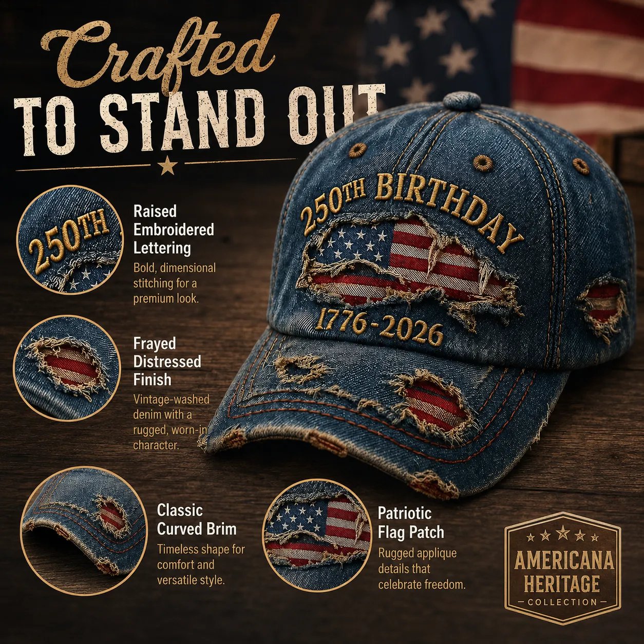 Vintage Distressed Denim Cap Detail