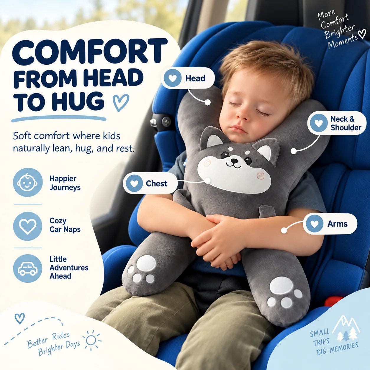 Kids travel pillow head neck chest and arm comfort areas