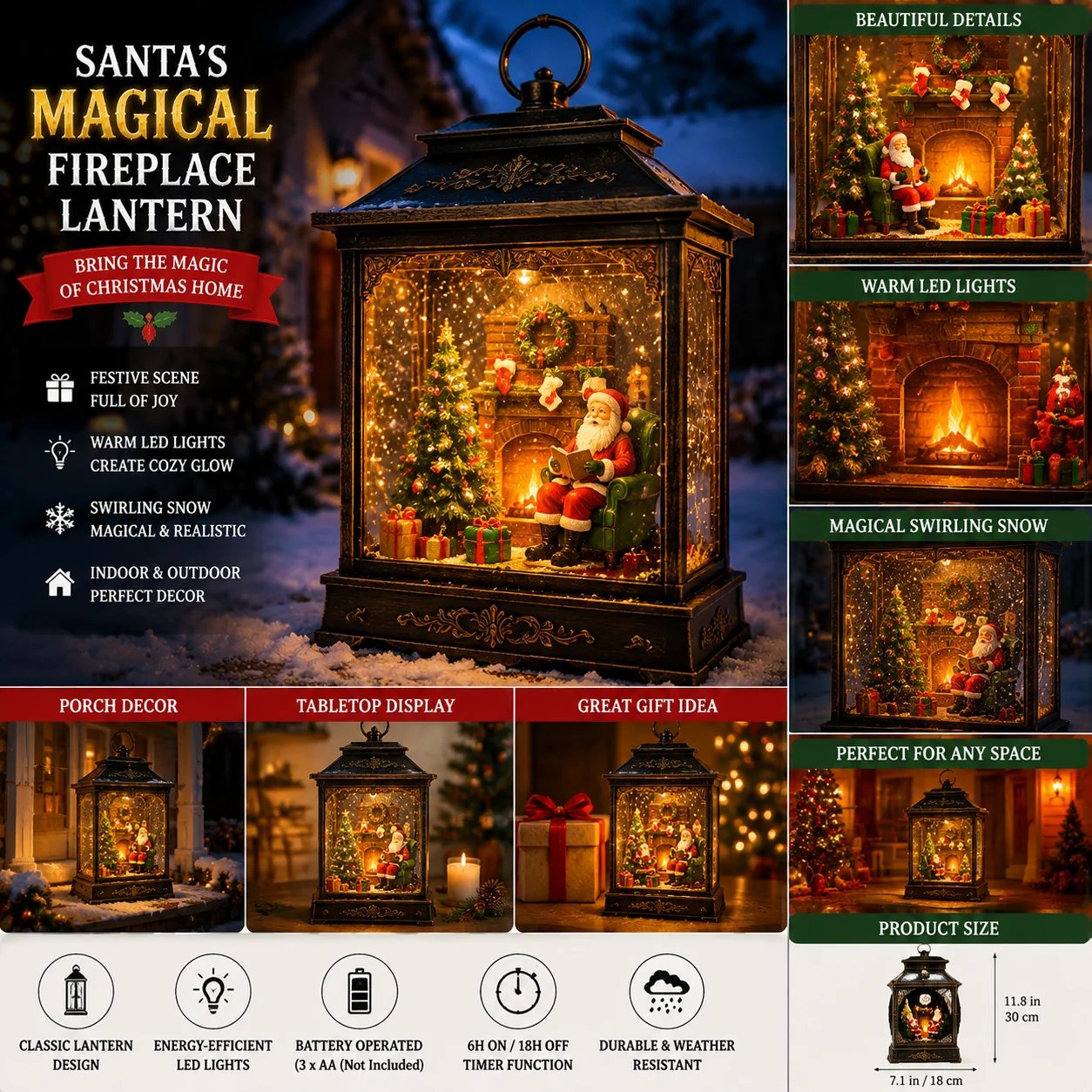 Santa Magical Fireplace Lantern glowing Christmas display