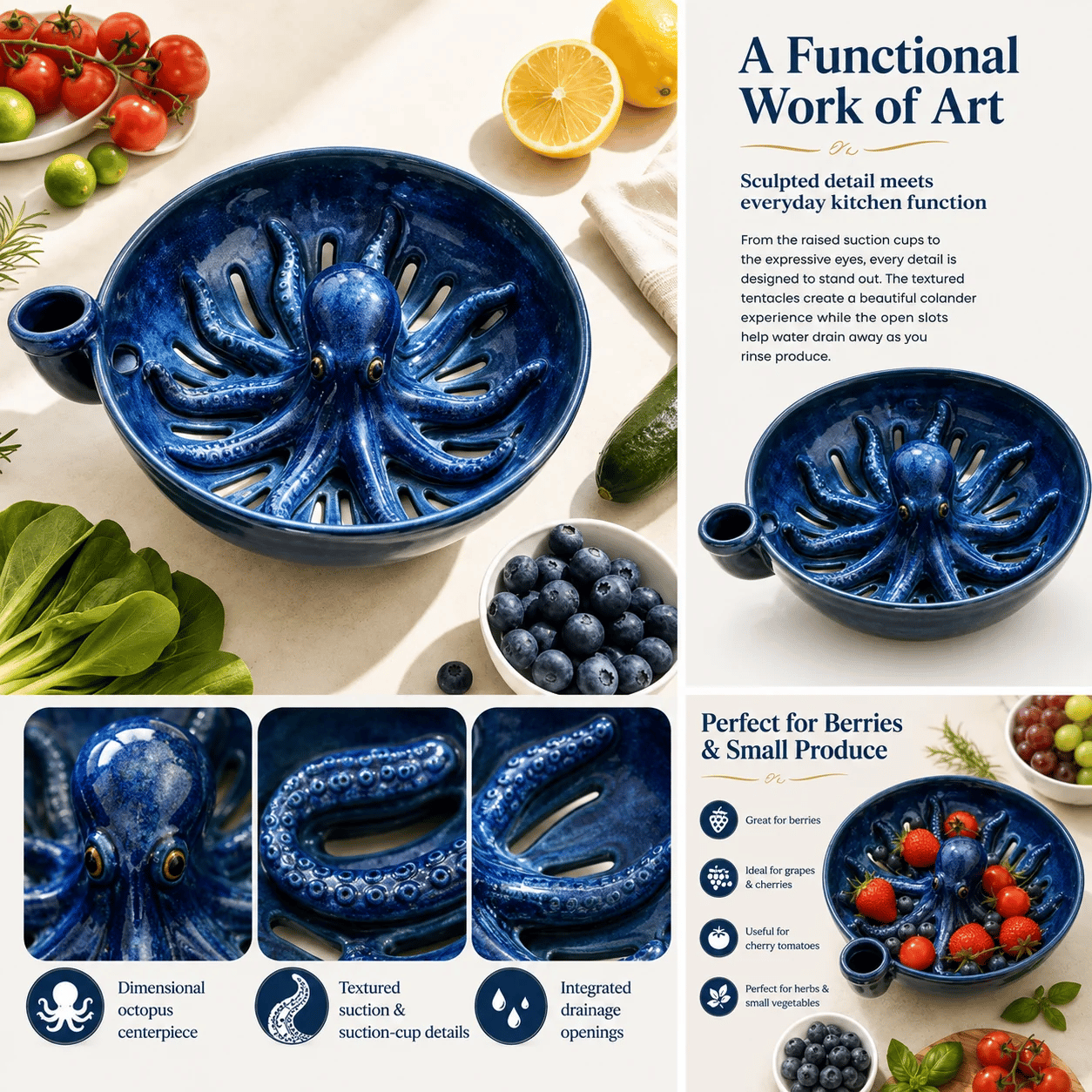 Indigo Octopus Colander detail