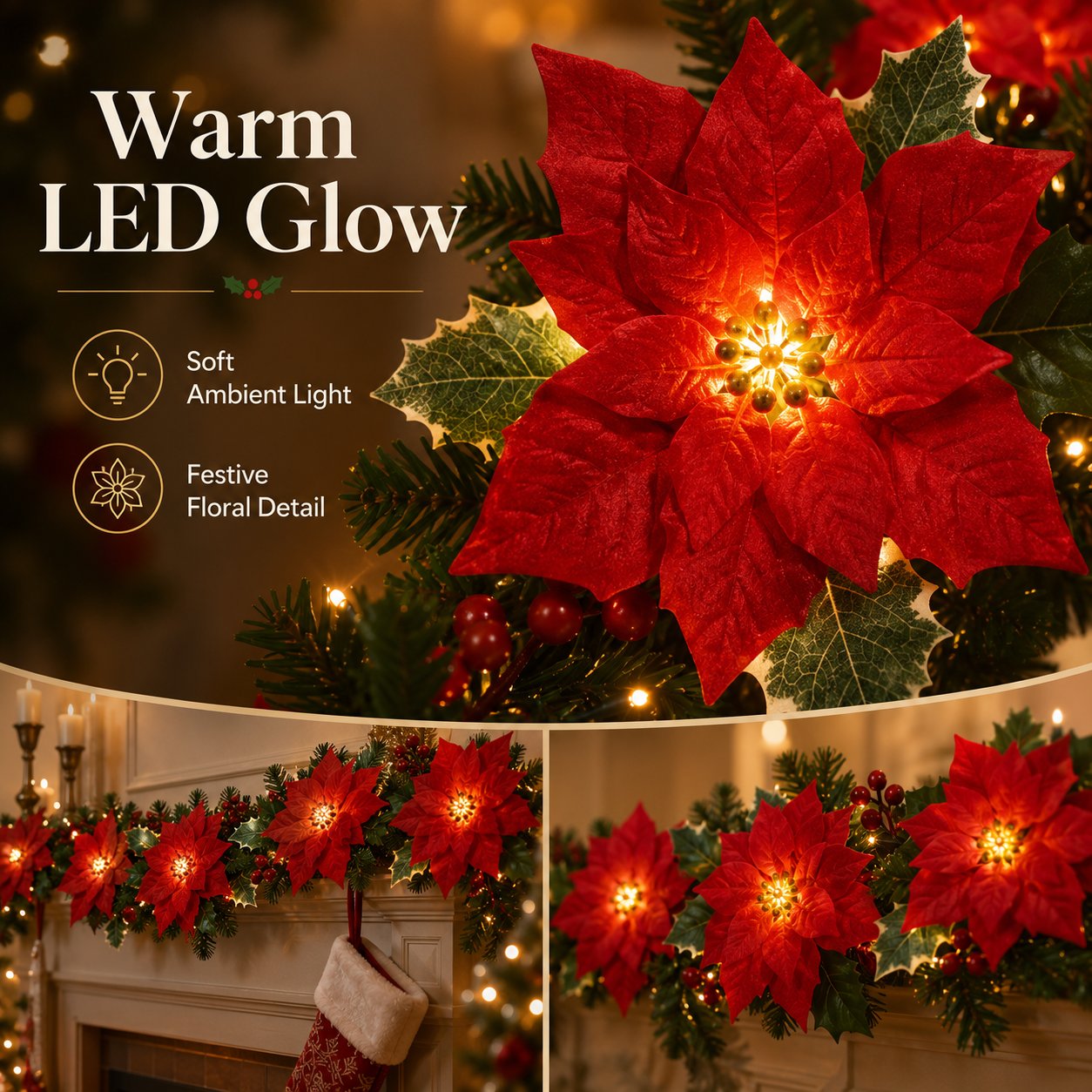 Poinsettia garland styled around a Christmas home