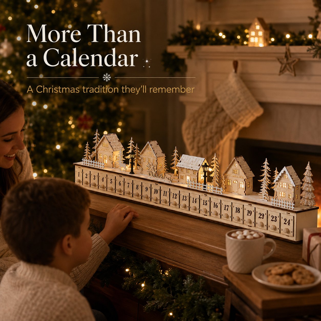 Lighted Christmas Village Advent Calendar Countdown Decor for Holiday Mantel, Shelf & Tabletop Display