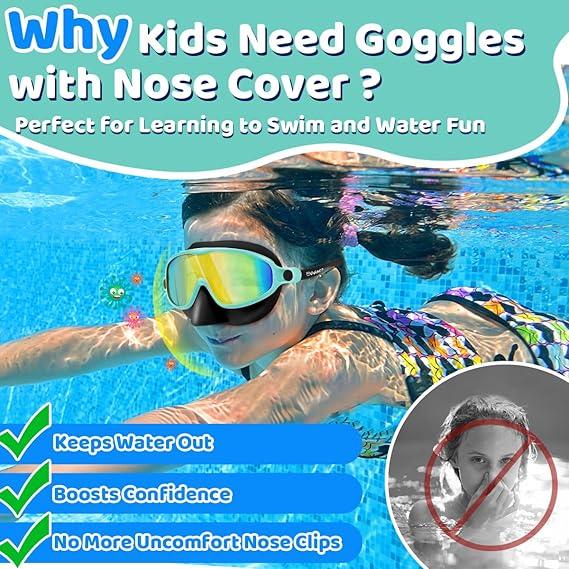 [momhack] Vvinca 2 Pcs Kids-Swim-Goggles with Nose Cover,   Wide View Anti Fog UV Anti Shattered Lens for Kids 3-6/6-15 4
