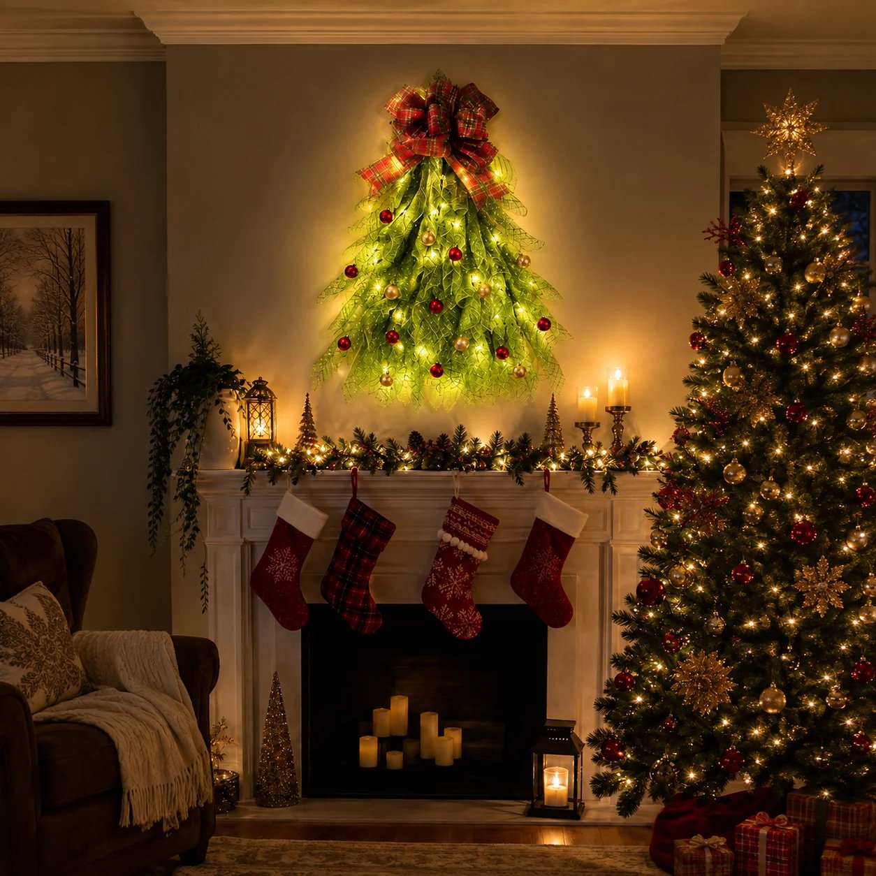 Festive Christmas tree garland showing decorative ribbon and textured layers