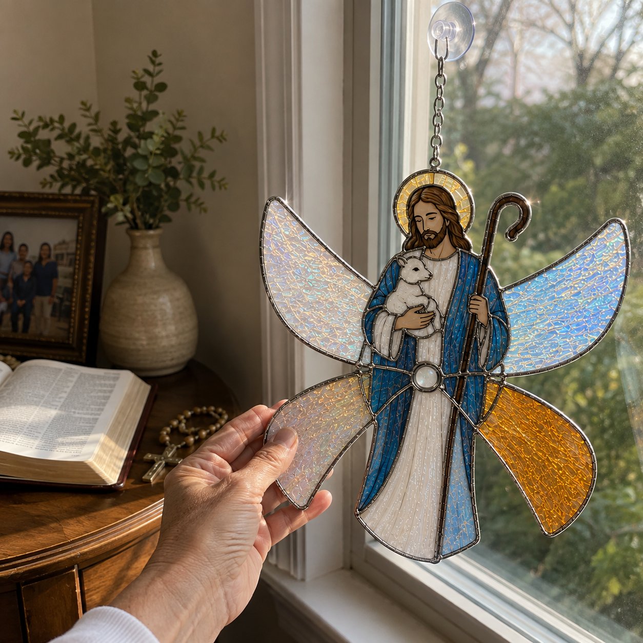 Customer showing the Good Shepherd ornament beside a Bible