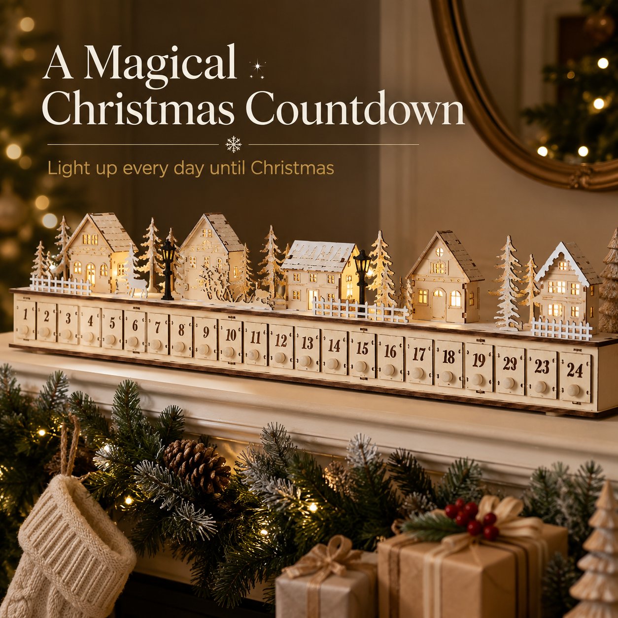 Lighted Christmas Village Advent Calendar Countdown Decor for Holiday Mantel, Shelf & Tabletop Display
