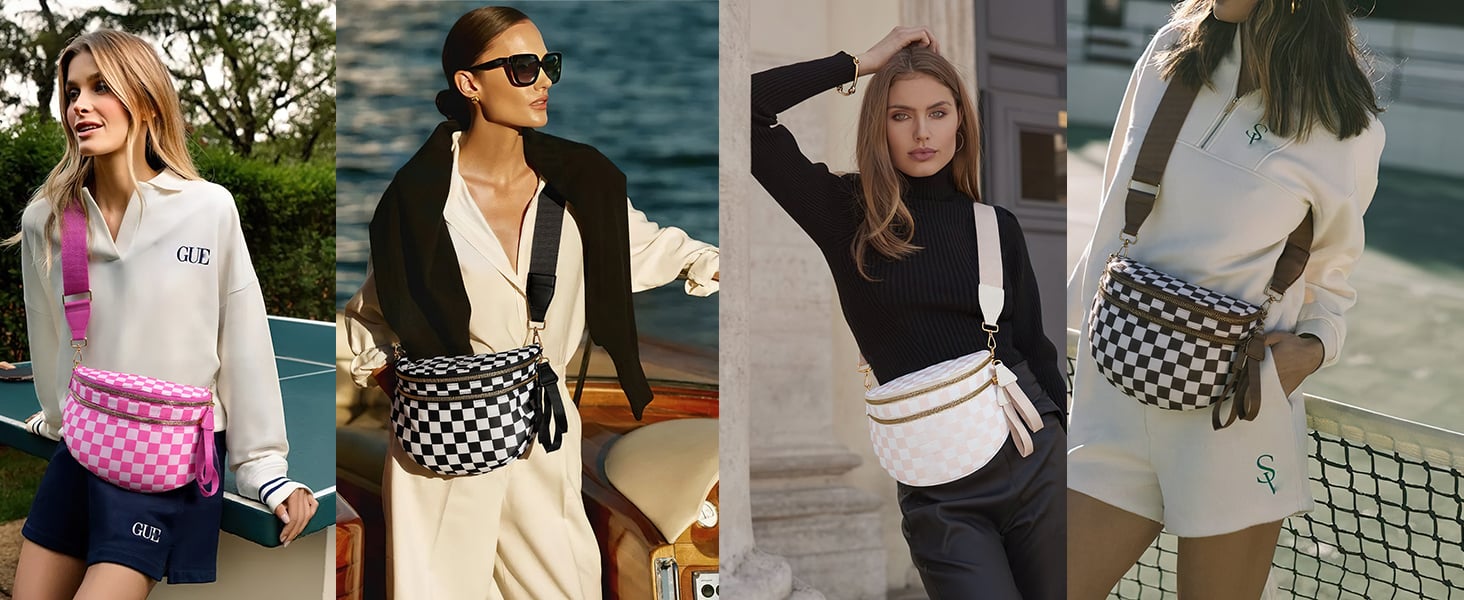 Black and White Checkered Crossbody Bag Bum Bag for Women