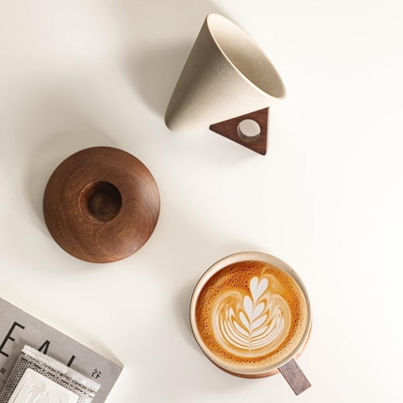 Ceramic cup, wooden base and handle components