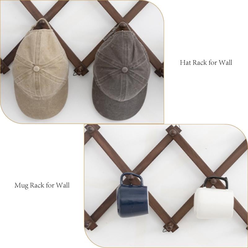 Accordion Peg Rack | 16 Hooks Expandable Wall Rack for Hats, Coat, Tools | Multi-Purpose Wooden Organizer Holds/Hangers Caps,  Bag & Hoodies | Space Saving Room/Garage/Entryway Storage Solution (Brown)