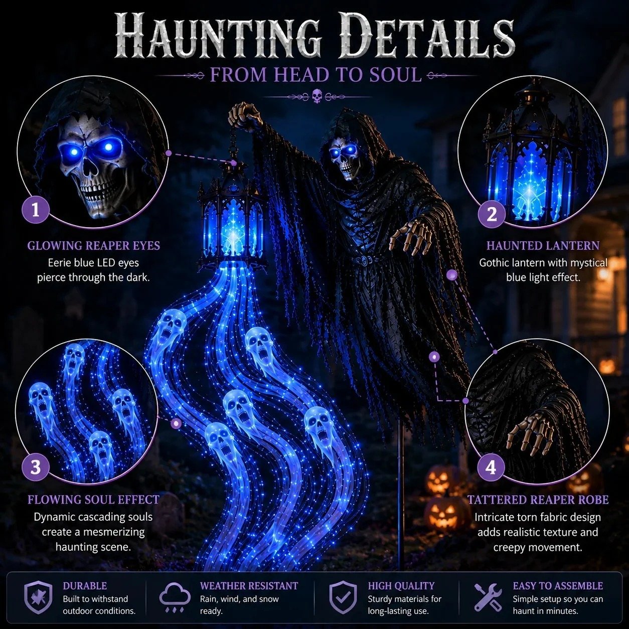 Solar powered Soul Harvester Halloween decoration outdoor setup