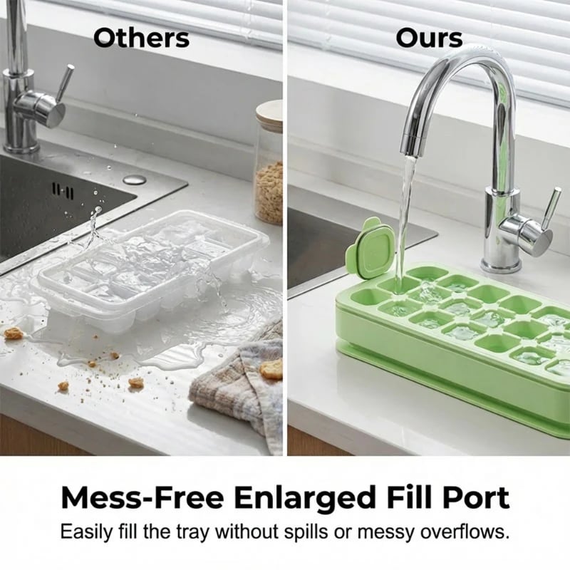 Enlarged fill port ice cube tray easy water filling design