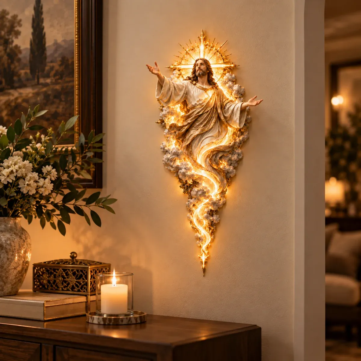 Light of the World Jesus wall sculpture glowing in a home