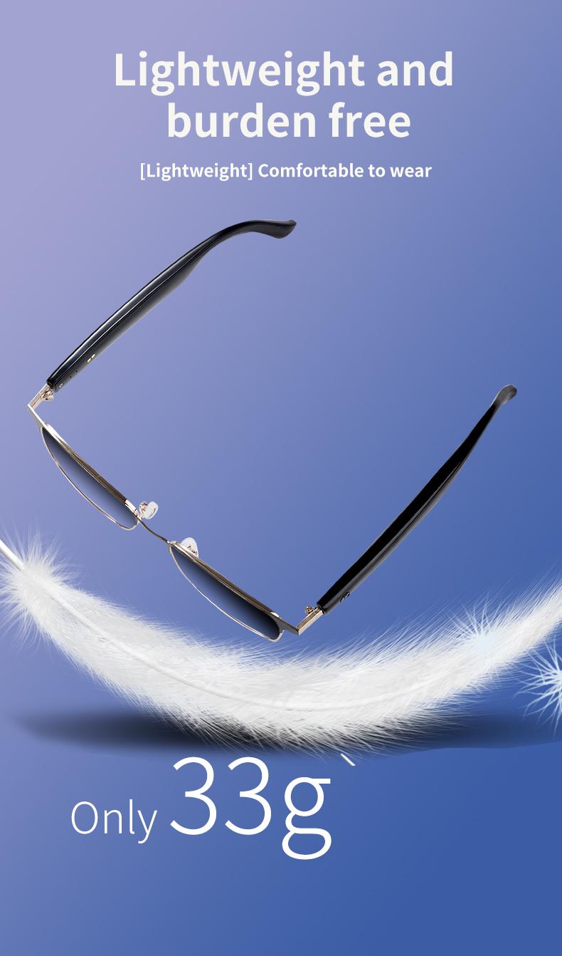 Product Introduction of Bluetooth audio smart glasses with photochromic lenses that darken in sunlight, metal frame, surround sound and microphone 26