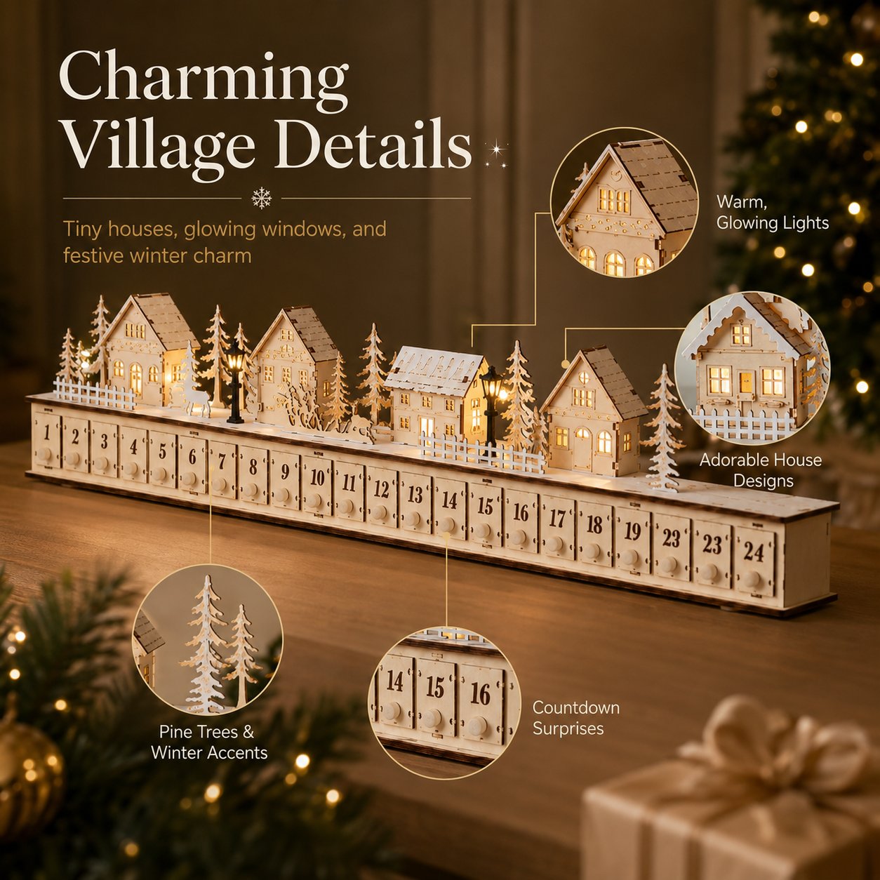 Lighted Christmas Village Advent Calendar Countdown Decor for Holiday Mantel, Shelf & Tabletop Display
