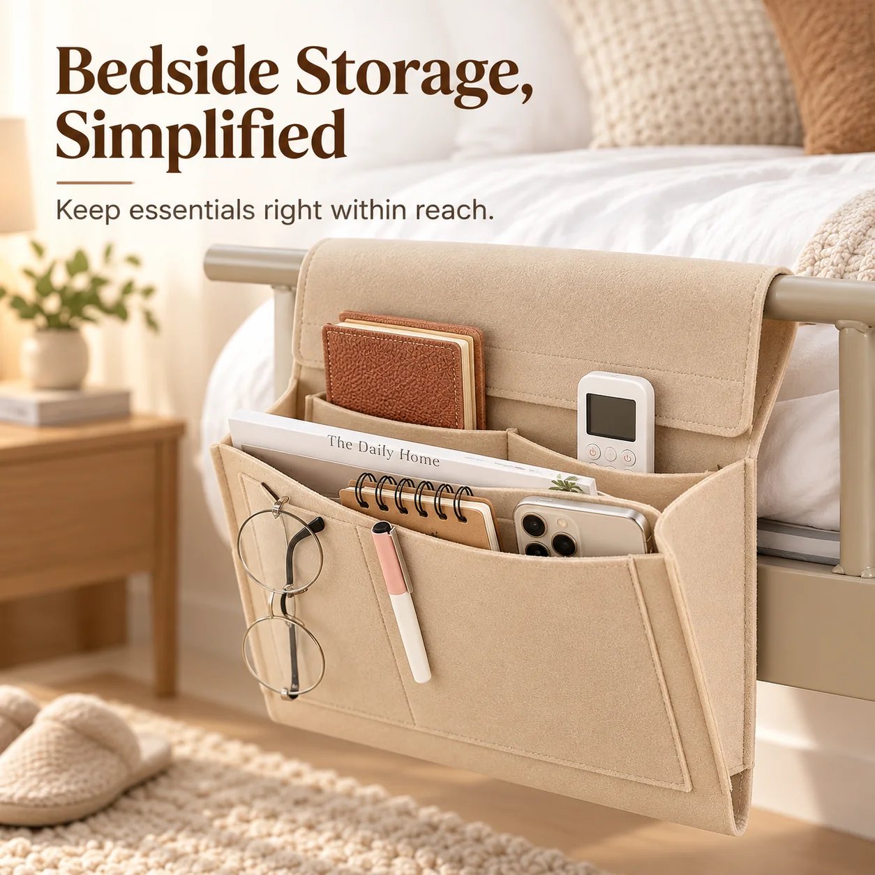 Felt organizer tucked beneath living room couch cushion holding magazines