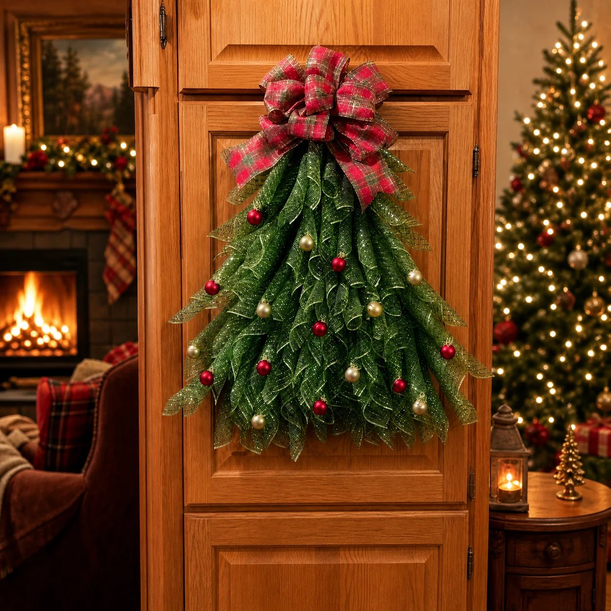 Close view of Christmas tree garland materials and handmade construction