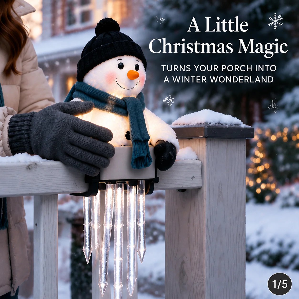 Installing snowman icicle light on porch railing