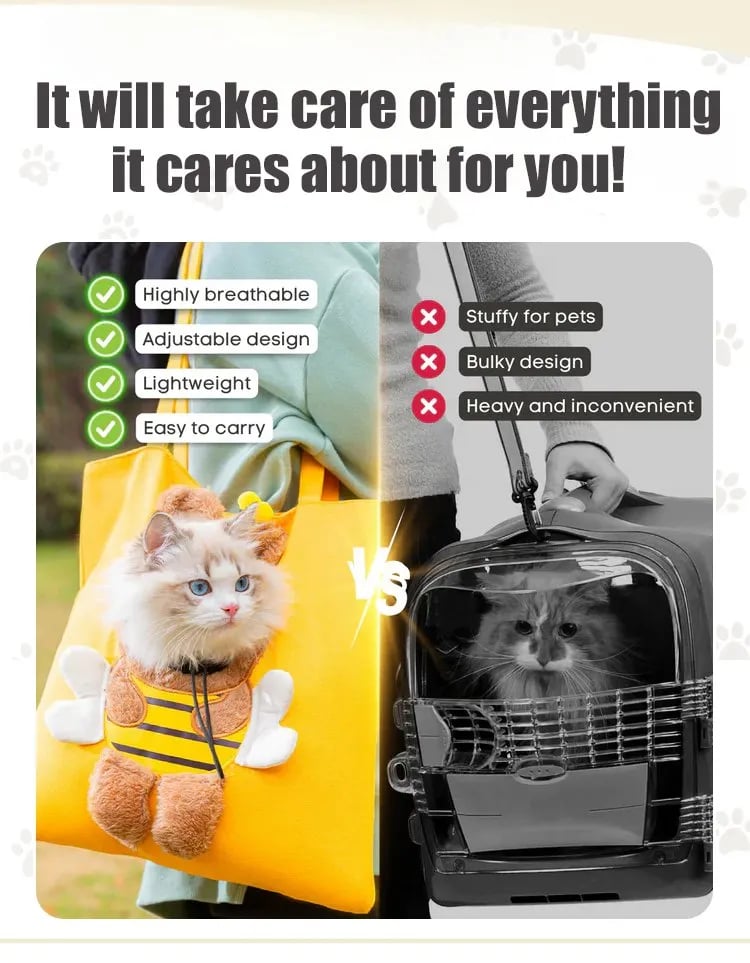 Soft pet carrier compared with bulky traditional carrier