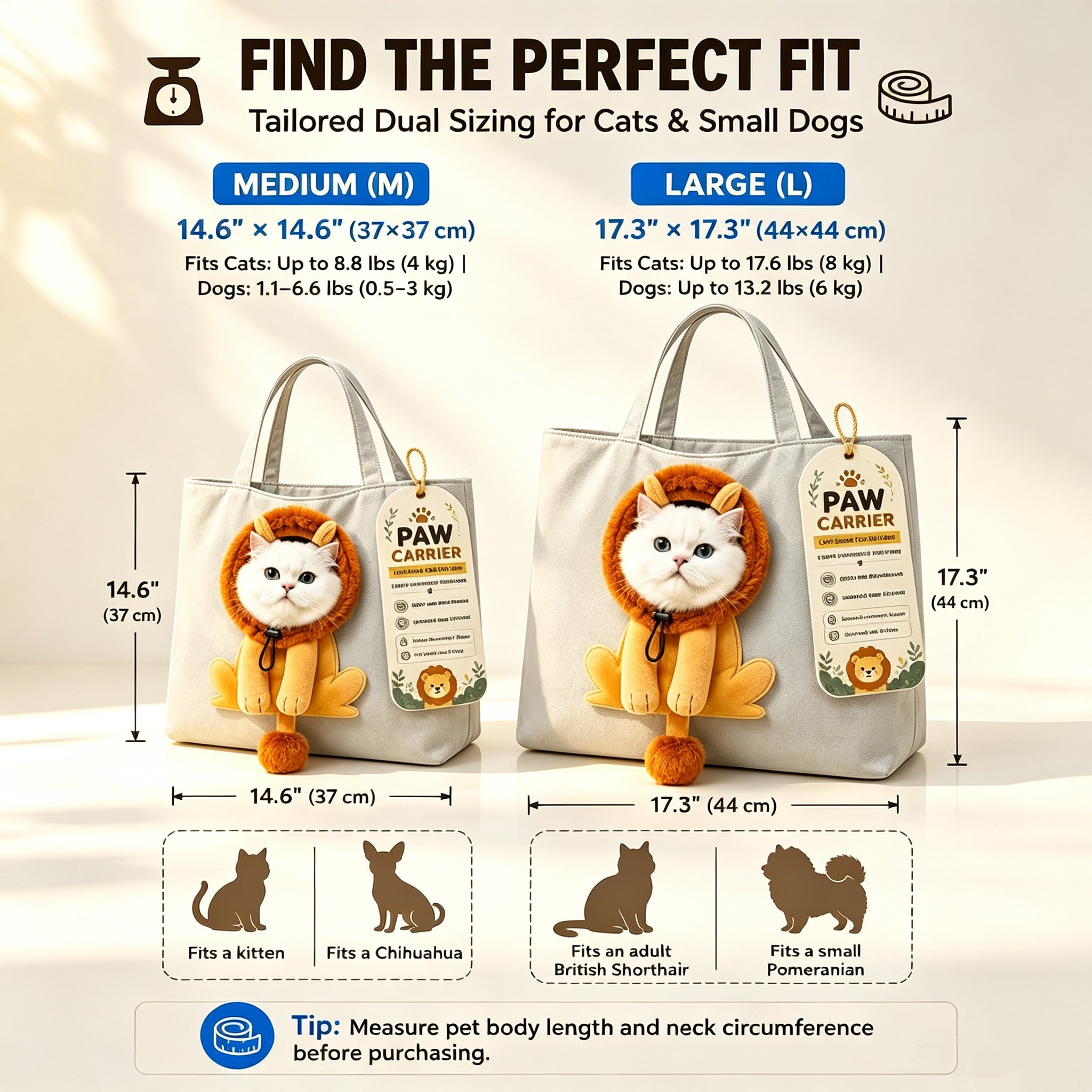 Size chart: Medium 14.6 by 14.6 inches; Large 17.3 by 17.3 inches. Pet-weight guidance is written below.