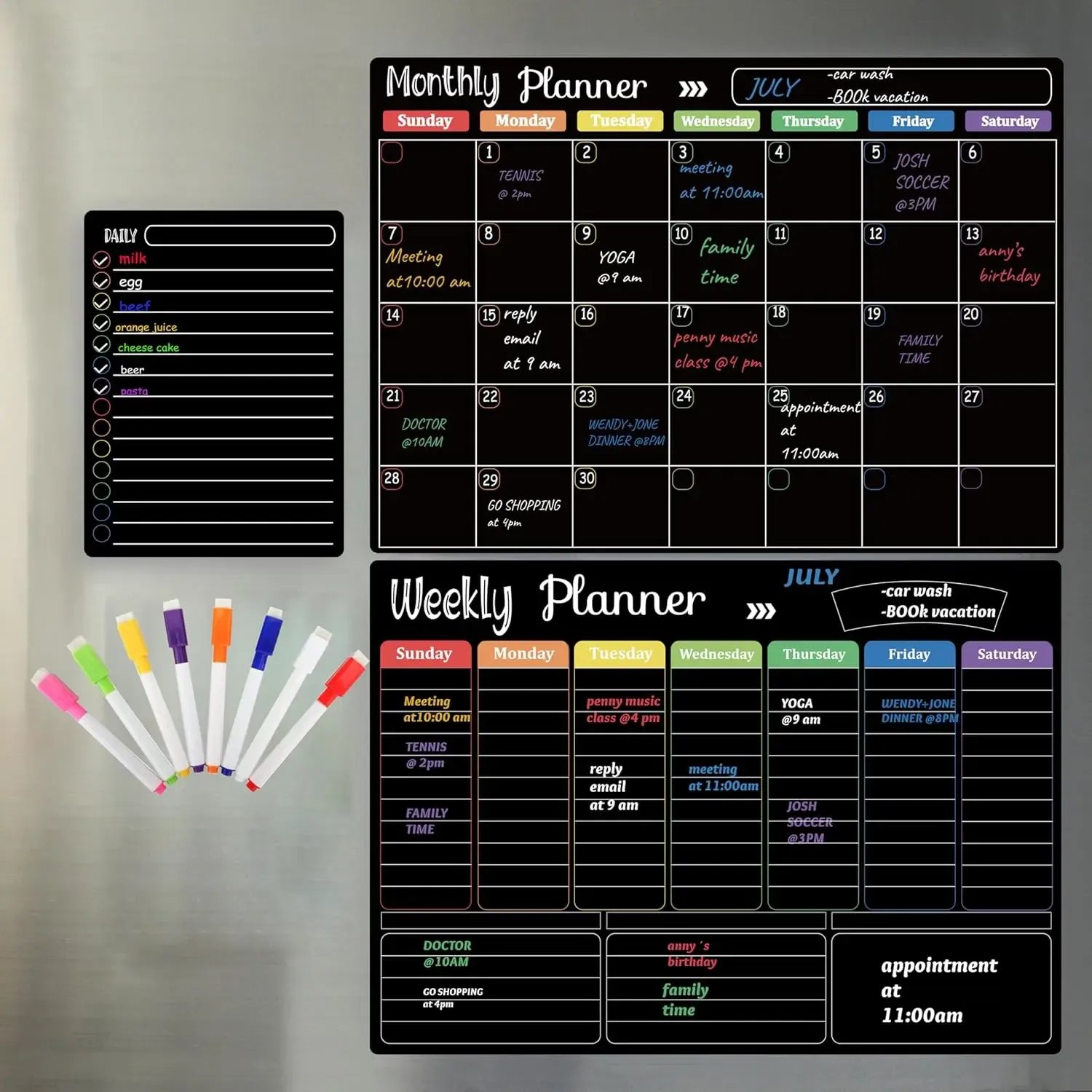 family using magnetic refrigerator planner