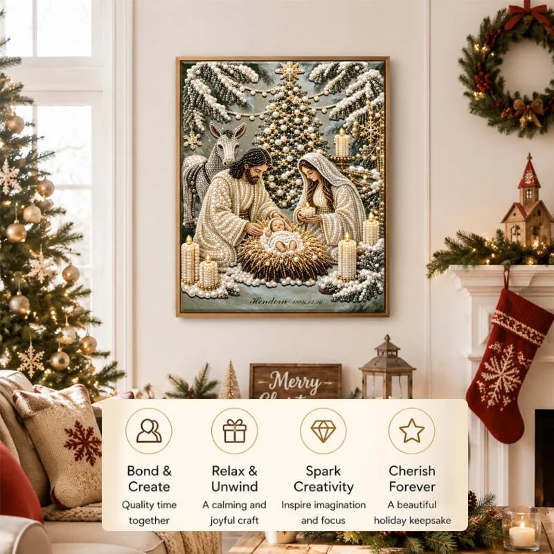 Sparkling diamond detail on Nativity scene Christmas art
