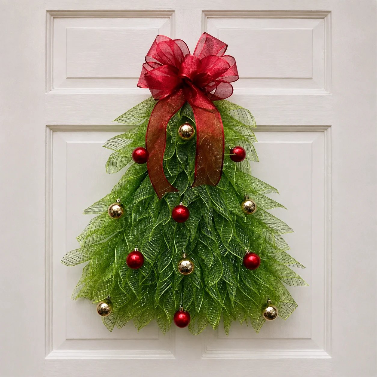 Handmade Christmas tree door garland displayed as festive holiday decor
