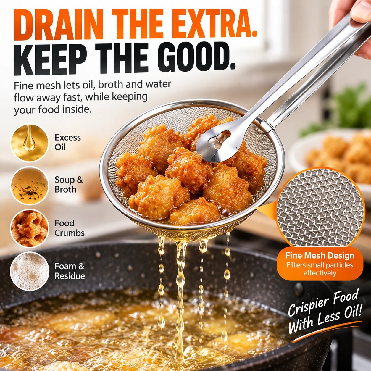 fine mesh strainer basket for draining excess oil and liquid