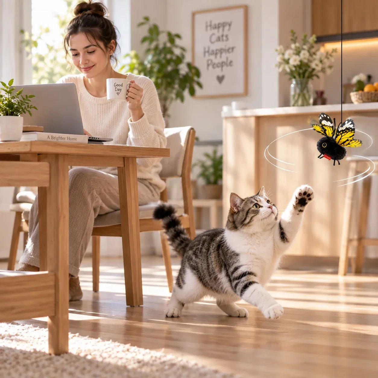 Cat playing independently while owner works from home