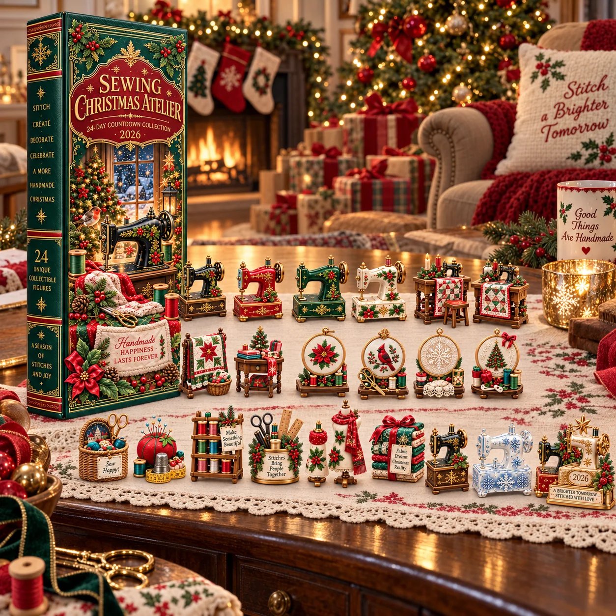 Christmas sewing atelier display with miniature quilts and embroidery