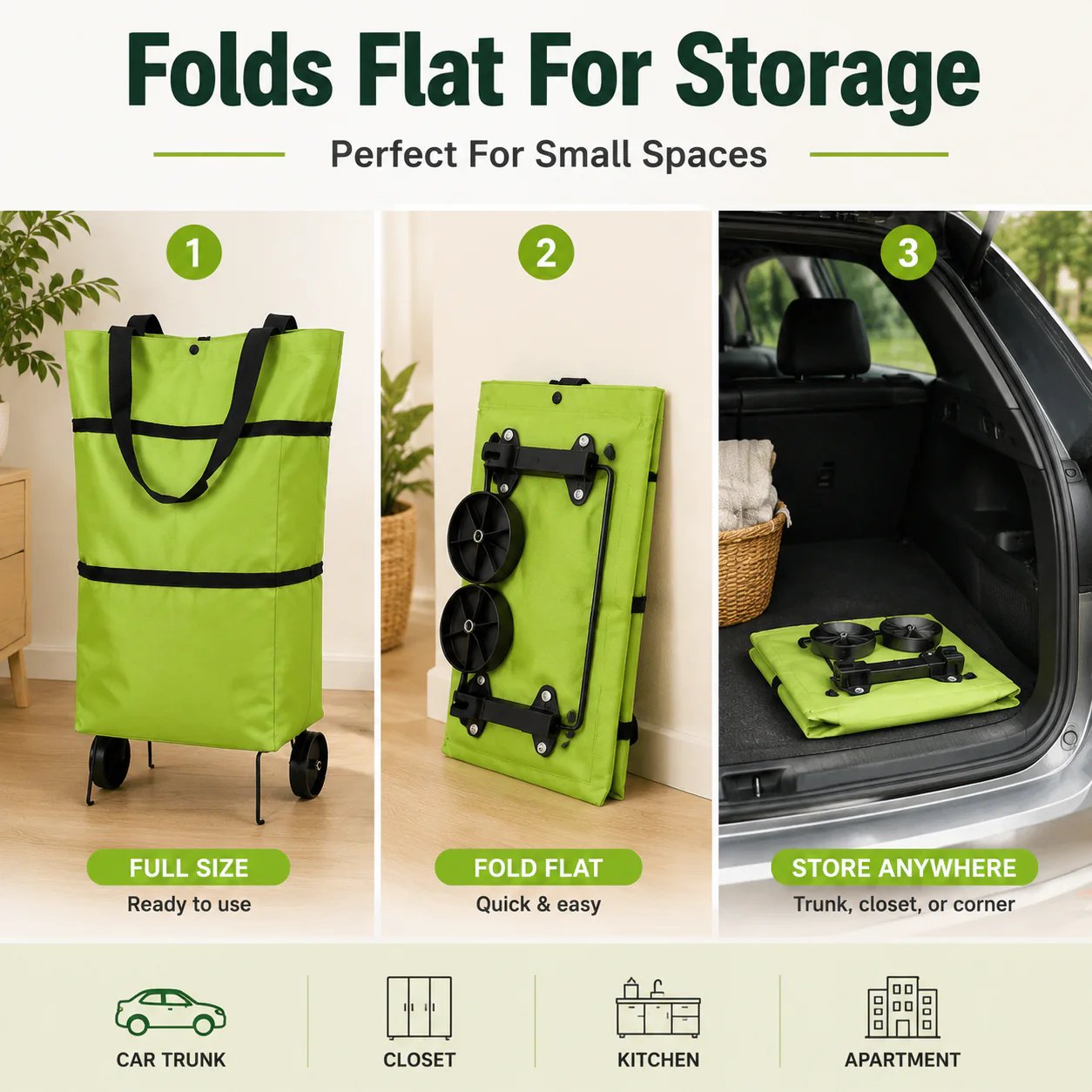 Two ways to use foldable shopping cart as a bag or rolling trolley