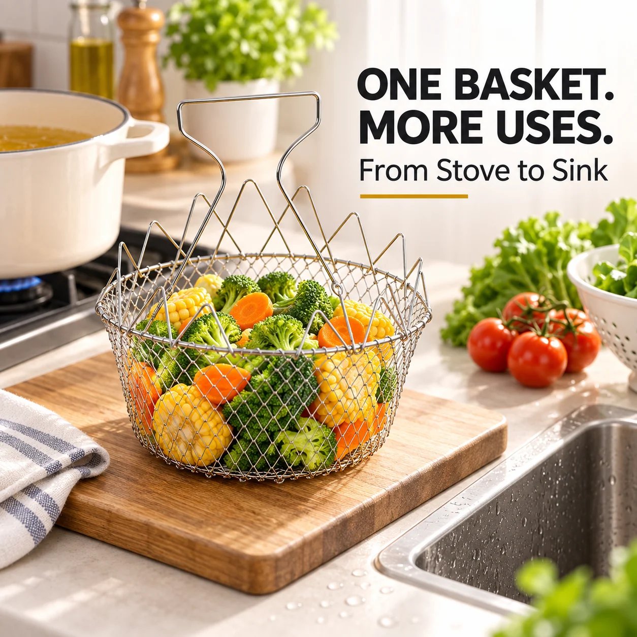Freestanding basket used as fruit and produce bowl on countertop