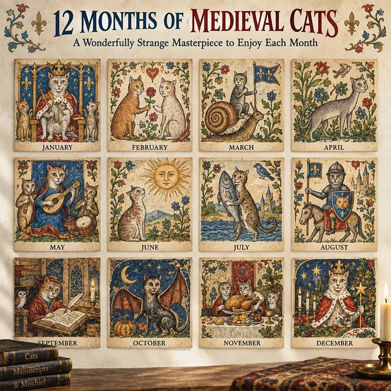 Overview of all 12 Medieval Cats monthly illustrations