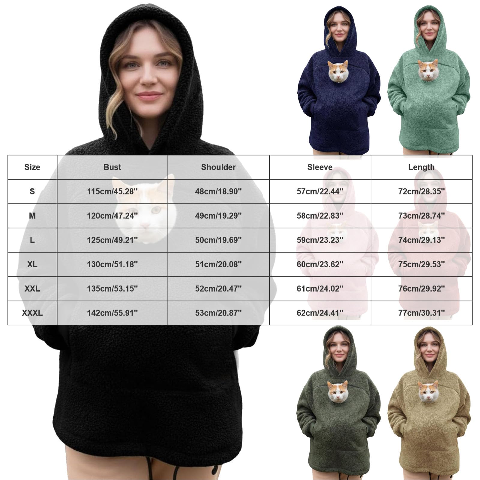 Size chart and colour options for the fleece pet pouch hoodie