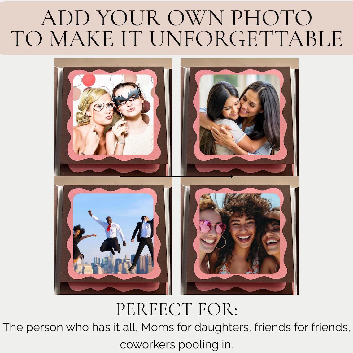 Handmade gift card holder book with customizable photo slots, showing example pictures of friends, moms, daughters, and coworkers, DIY birthday card idea perfect for unique keepsake or group gift. Handmade gift card holder book with customizable photo slots, showing example pictures of friends, moms, daughters, and coworkers, DIY birthday card idea perfect for unique keepsake or group gift.