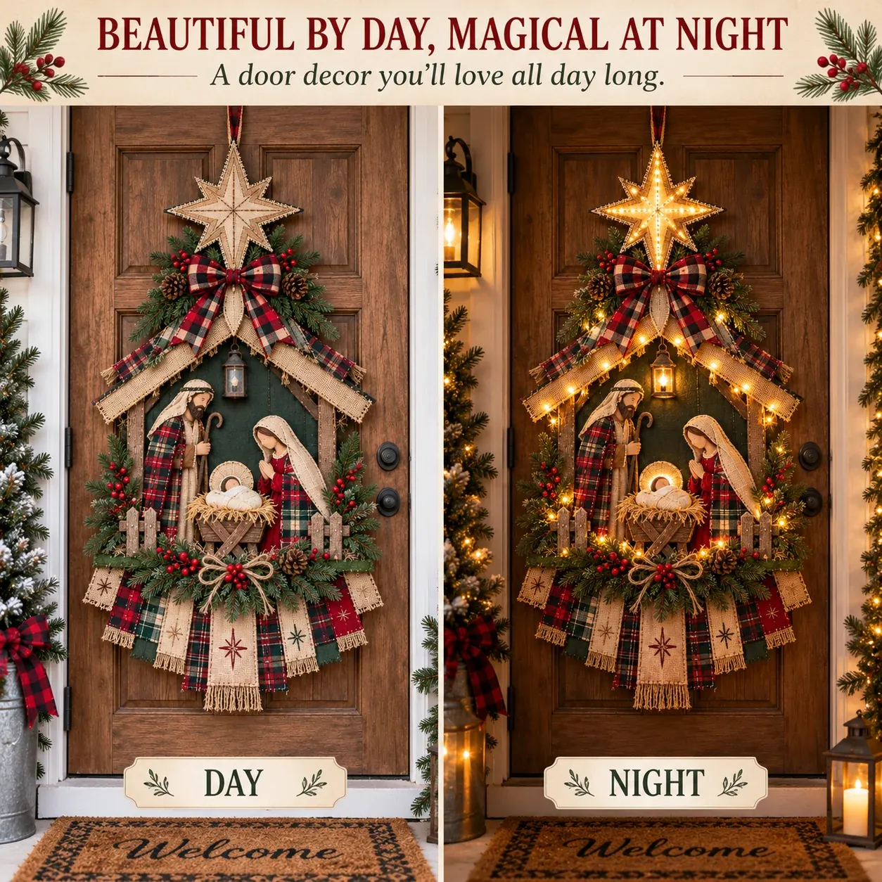 DIY Nativity door hanging shown during the day and illuminated at night