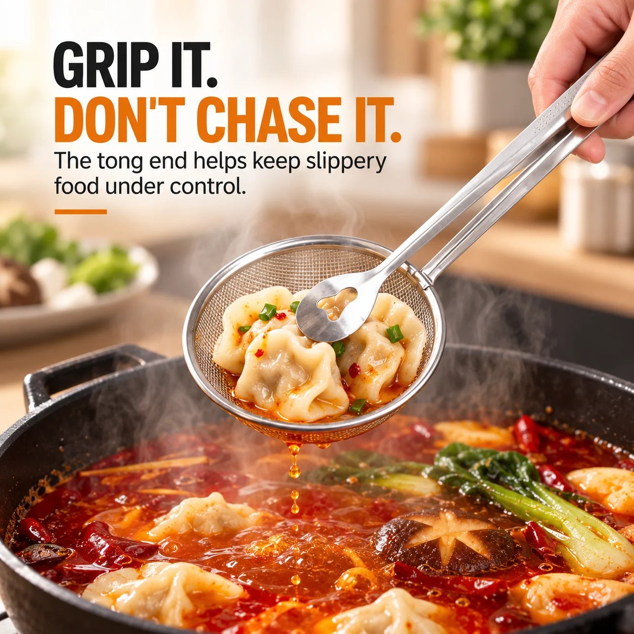 strainer tongs gripping dumplings vegetables and food