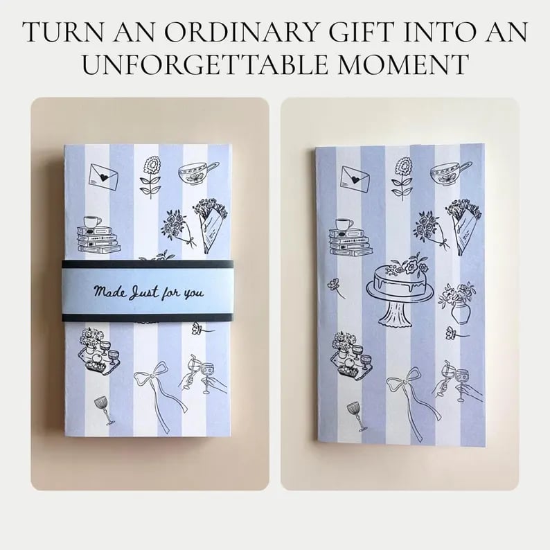 Blue handmade gift card holder book with striped cover and doodle illustrations of flowers, books, cake, and bows. Front band reads “Made Just for You.” Unique birthday card alternative, perfect for son, boyfriend, coworker, or college survival kit gift, turning a simple gift card into a memorable keepsake. Blue handmade gift card holder book with striped cover and doodle illustrations of flowers, books, cake, and bows. Front band reads “Made Just for You.” Unique birthday card alternative, perfect for son, boyfriend, coworker, or college survival kit gift, turning a simple gift card into a memorable keepsake.