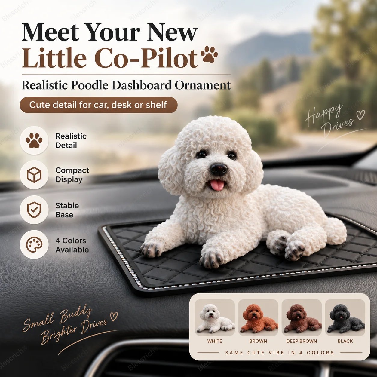 Realistic poodle car dashboard ornament