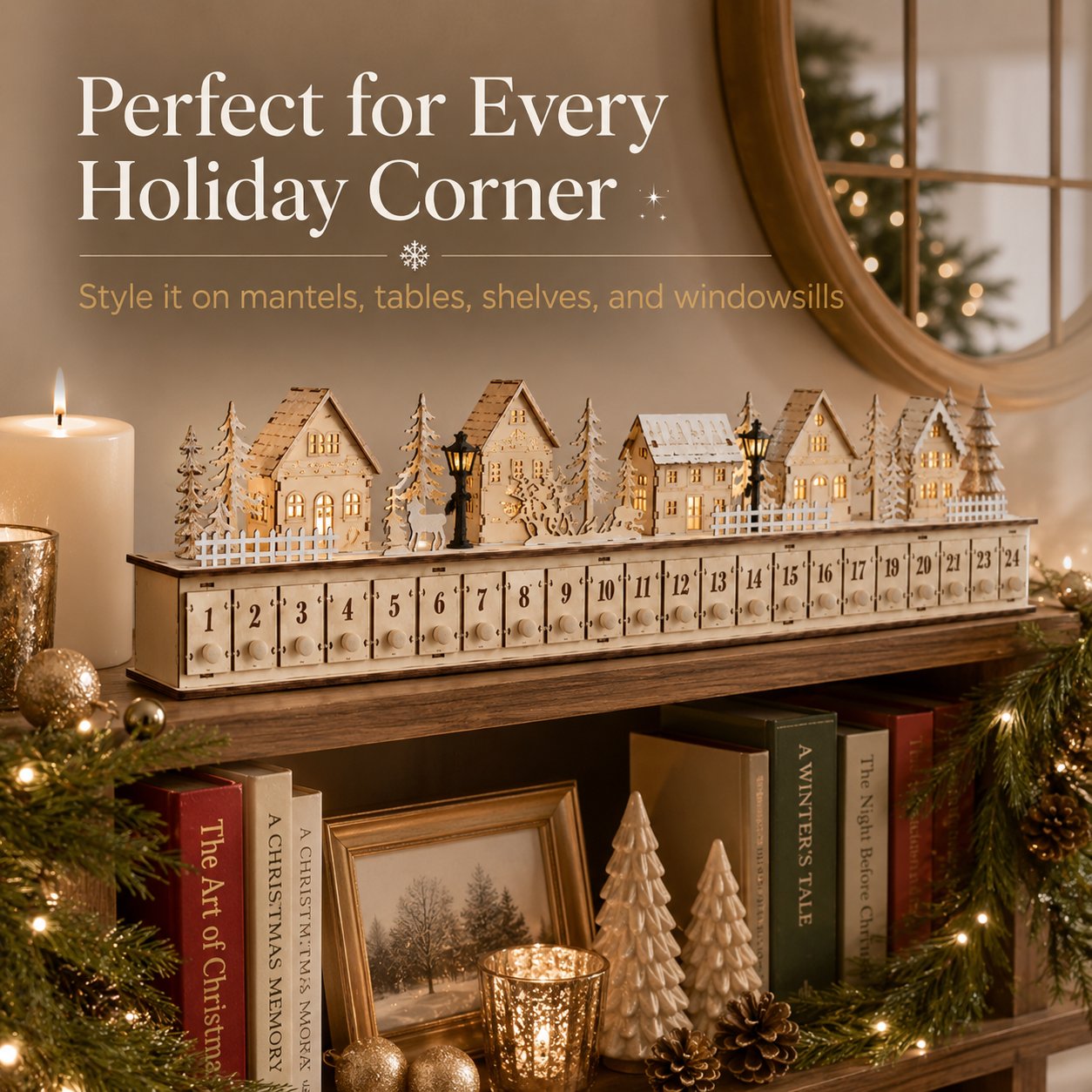 Lighted Christmas Village Advent Calendar Countdown Decor for Holiday Mantel, Shelf & Tabletop Display