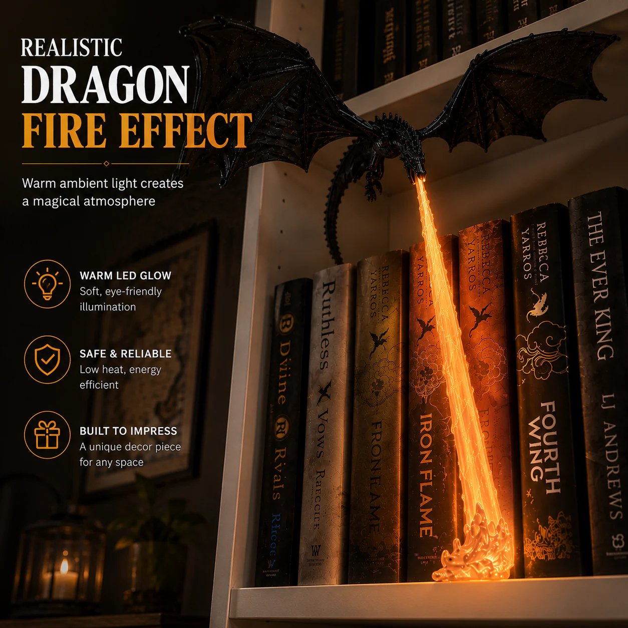 Fire-breathing dragon bookshelf decor lamp with glowing LED flame Fire-breathing dragon bookshelf decor lamp with glowing LED flame