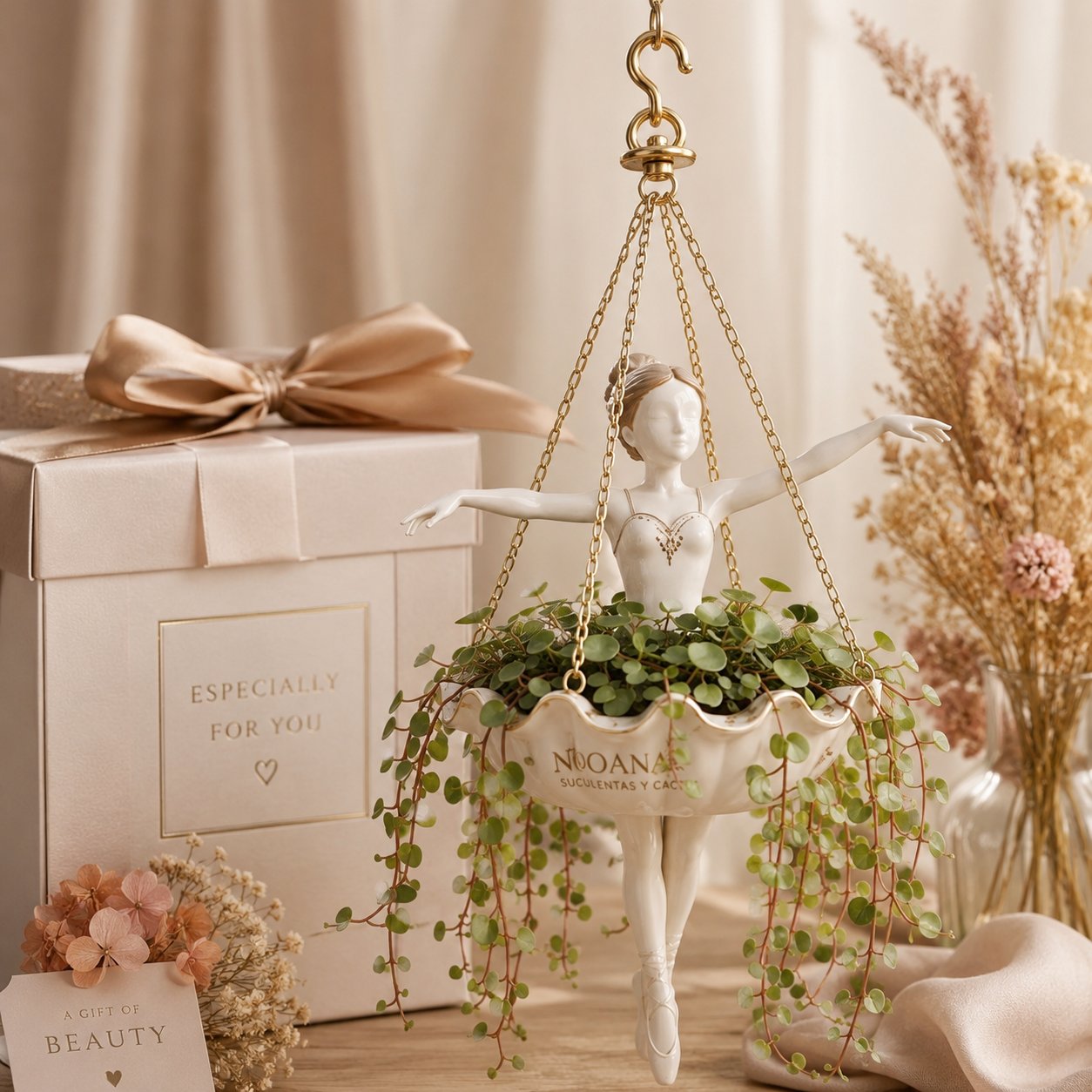 Gift-ready ballerina hanging planter with soft floral styling