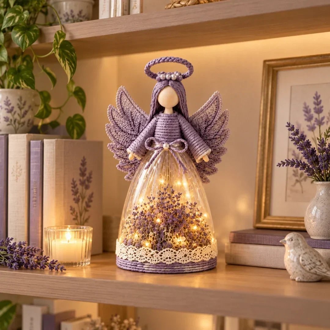 Floral angel glowing on a bookshelf