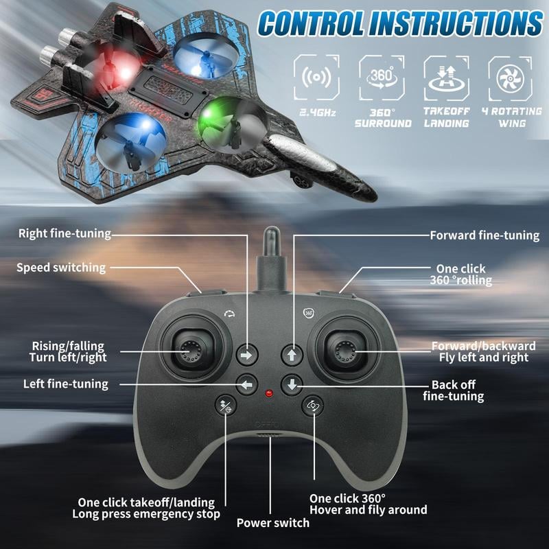 ✈️Stunt RC Fighter! 360° Rolling + Vertical Takeoff/Landing, 3 Speed Modes + Colorful LED, Create New Flying Fun~