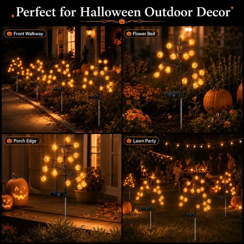 Solar powered pumpkin stake light charging by day and glowing at night